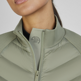 Close up collar and zip detail on the Pikeur Athleisure Hybrid Jacket in Light Moos